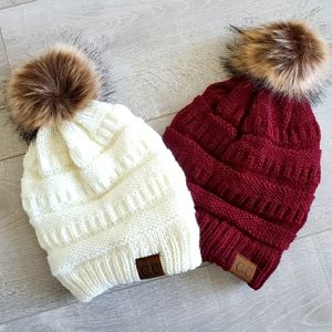 Two New CC Beanie with faux fur pom pom